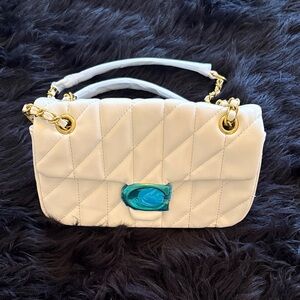 White coach Quilted Shoulder Bag with Teal Accent and Gold Hardware